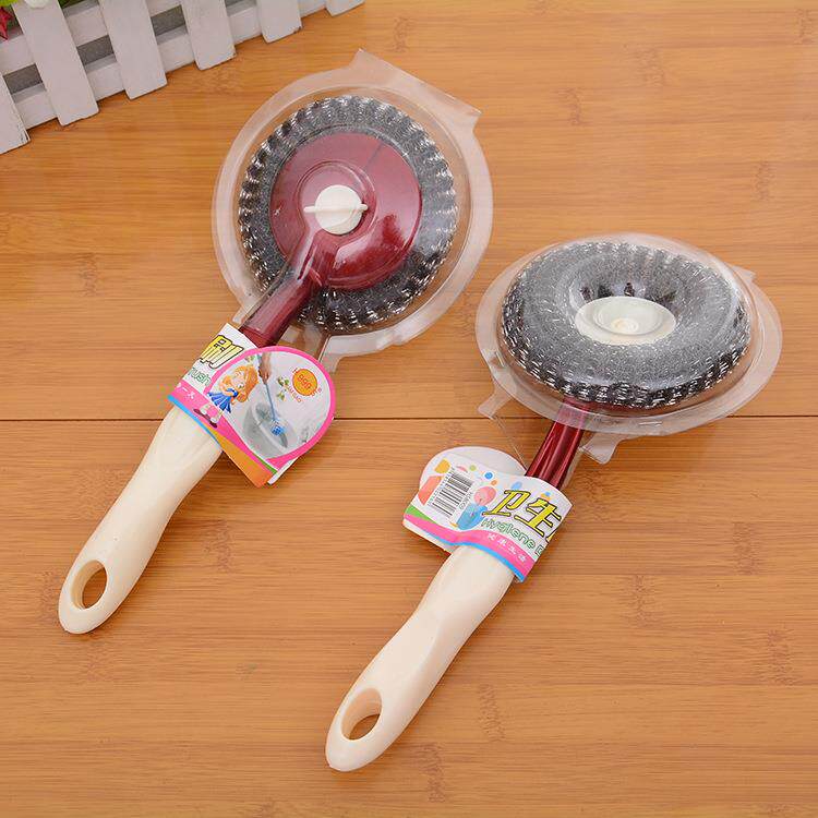 可拆换加厚带手柄钢丝清洁锅刷 塑料长柄钢丝球洗锅刷