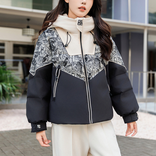 厂家直销新国风印花拼接立领气质防风保暖双立体袋90绒短款羽绒服