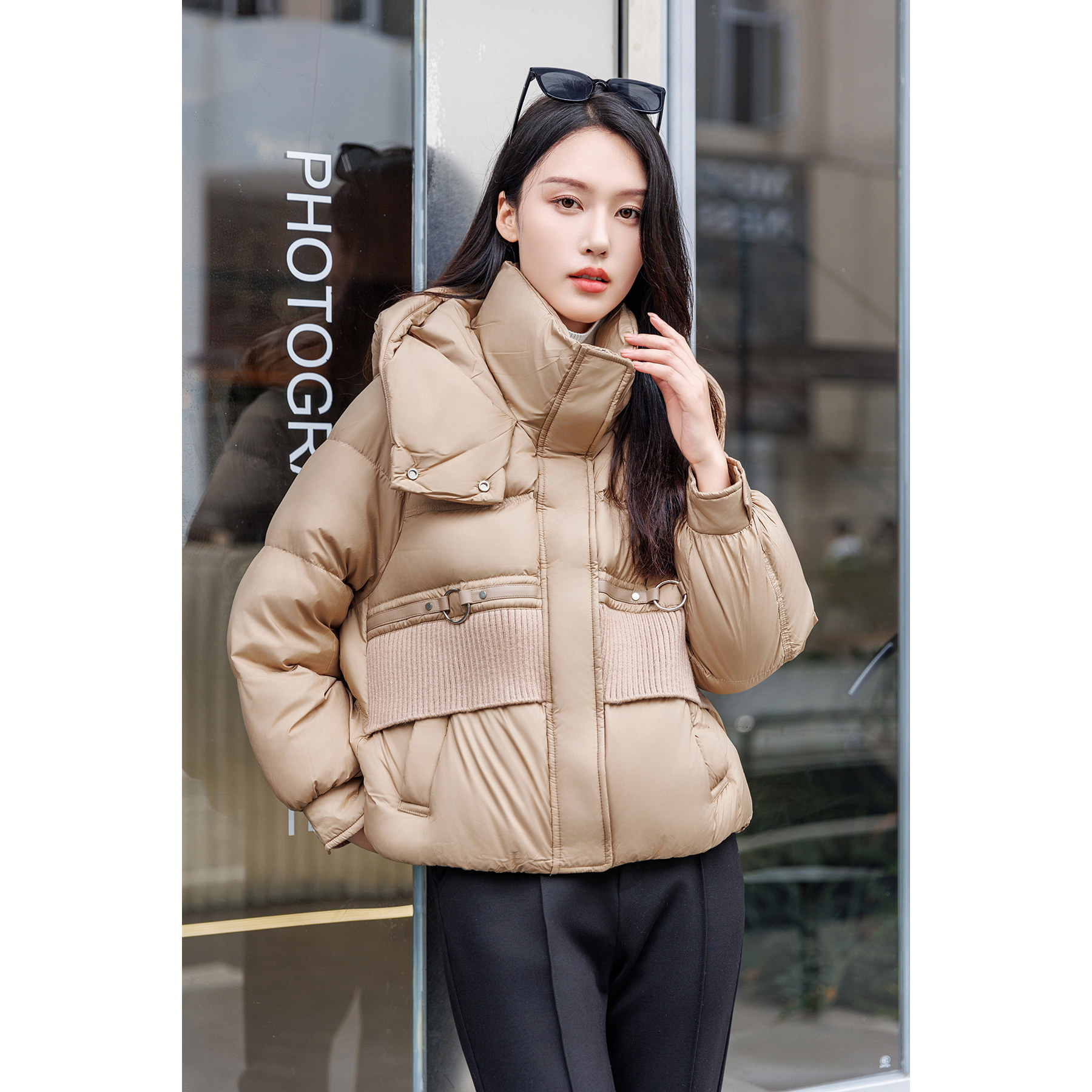 老钱风连帽立领防风保暖双插袋气质显瘦收腰螺纹长款90绒子羽绒服