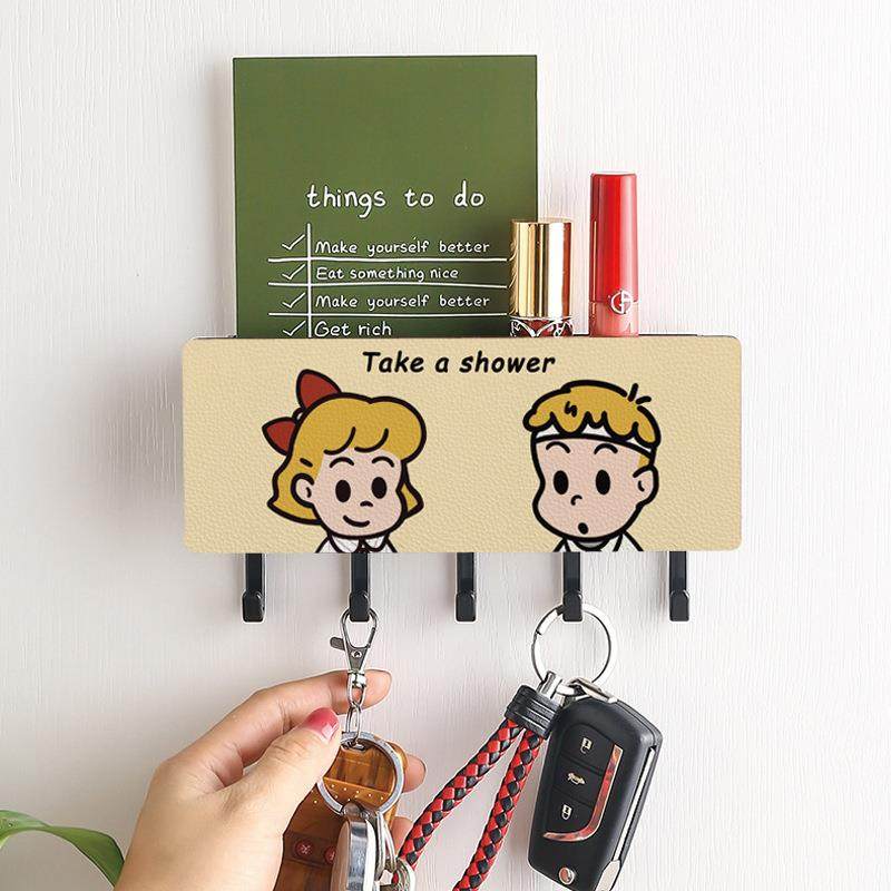 入户玄关衣服挂钩免打孔门后钥匙挂架置物架卡通墙上挂衣架收纳盒