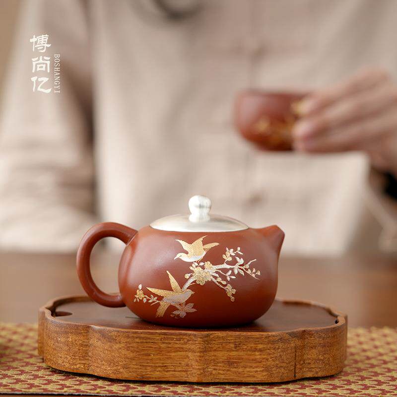 朱泥紫砂999鎏银喜上眉梢茶壶茶杯一壶两杯高档功夫茶具套装送礼