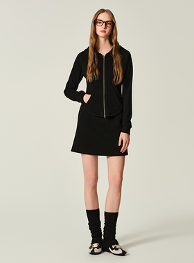 JENDES醋酸羊毛混纺气质短外套收腰连帽显瘦黑色上衣