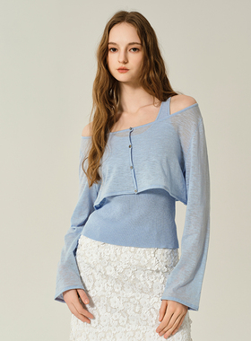 JENDES【昆凌同款】 女士U领针织衫假两件宽松落肩圆领上衣两件套