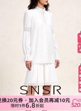 SNSR圣妮思2025秋白色花边领带长袖衬衫女镂空钩花度假风休闲上衣