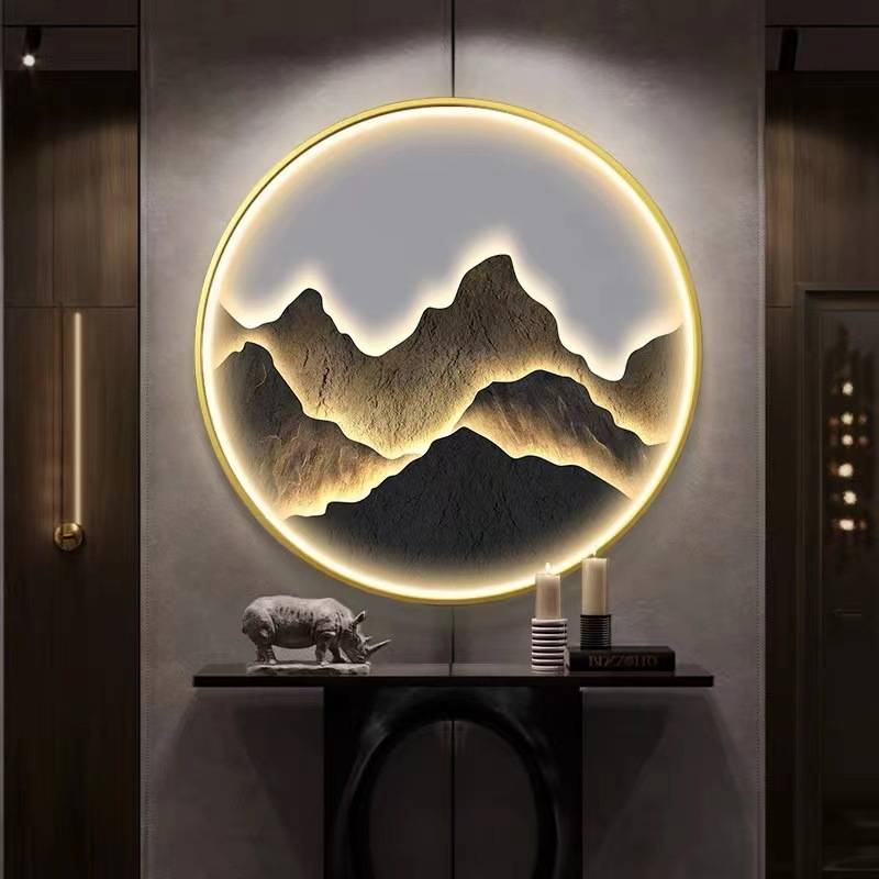 新中式玄关画带灯圆形挂画山水风景装饰画LED发光入户过道墙画图片