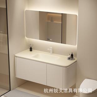轻奢风浴室柜组合岩板无缝陶瓷一体盆洗手洗盆橡木吊柜洗漱台厂家