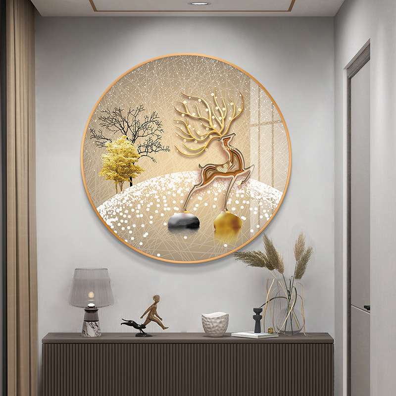 高档入户玄关装饰画现代简约轻奢麋鹿餐厅壁画走廊过道圆形挂画图片