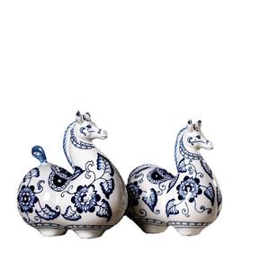 复古客厅电视柜摆设家居饰品 青花瓷陶瓷马摆件陶瓷马工艺品中式