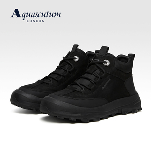 Aquascutum雅格狮丹黑色户外登山鞋男厚底防滑加绒保暖运动休闲鞋