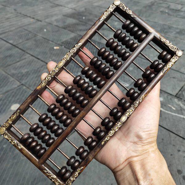 古玩铜器收藏仿古黄铜鎏金浮雕花边算盘包浆老道家居文房工艺摆件