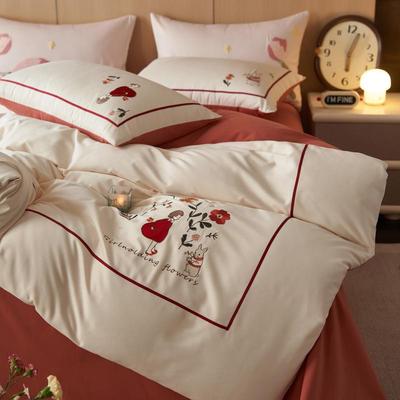 小清新纯棉100S长绒棉全棉磨毛贴布绣四件套少女被套床单卡通用品