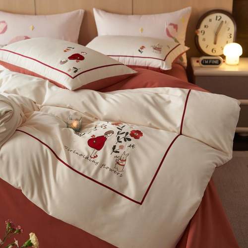 小清新纯棉100S长绒棉全棉磨毛贴布绣四件套少女被套床单卡通用品