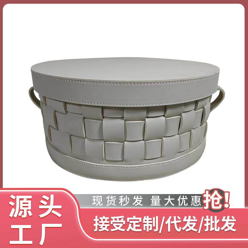 轻奢现代手工编织皮革圆筒收纳篓样板间衣帽间摆件衣柜收纳盒子