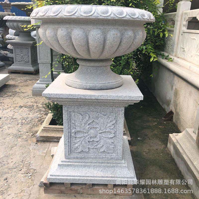 石雕花岗岩欧式花盆摆件户外景观汉白玉花盆公园青石花钵庭院