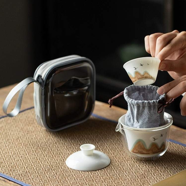 羊脂玉瓷盖碗快客杯户外便携式一壶三杯喝茶泡茶旅行茶具茶杯套装