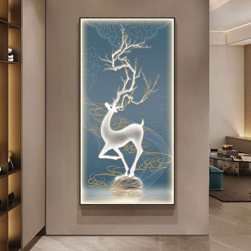 麋鹿轻奢玄关装饰画竖版高档大气入户走廊壁画新中式客厅过道挂画图片
