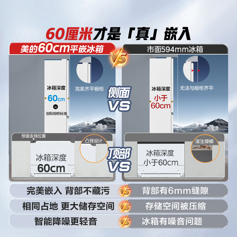 新品美的571冰箱超薄零嵌入式十字双开四门家用大容量大白豚云朵