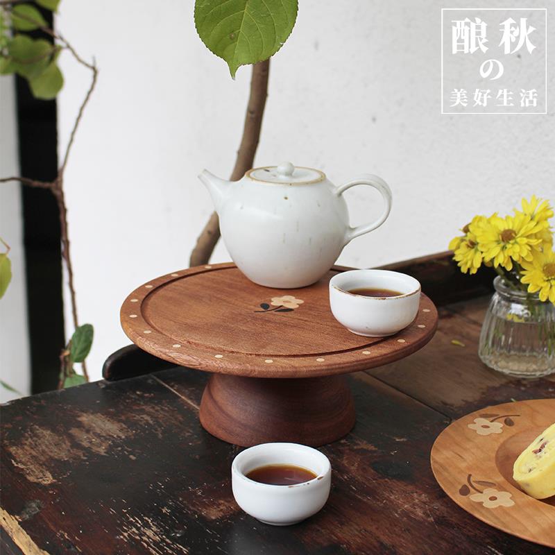 【小花高脚木盘】日式中式茶点水果复古家用蛋糕点心圆形盘子带盖