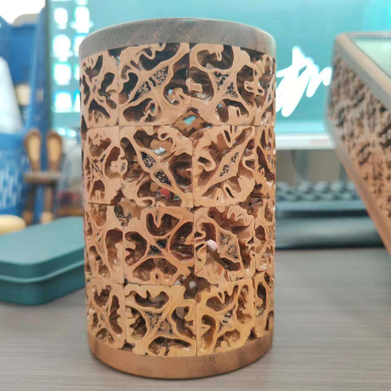 木核桃木制雕花镂空实收木笔意筒纳盒创木MH-B013质笔筒办公用品