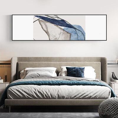 蓝现代简约抽象饰画卧室床头墙NRT装挂画横幅蓝色艺术郁极简风壁