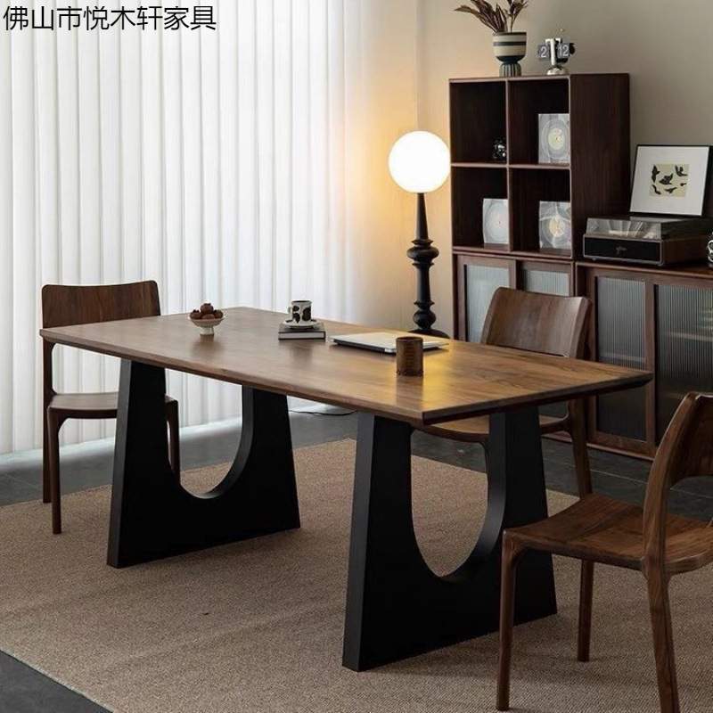 简约风餐桌胡桃木色客厅大长书桌工作台大板餐书桌一体会议办公桌