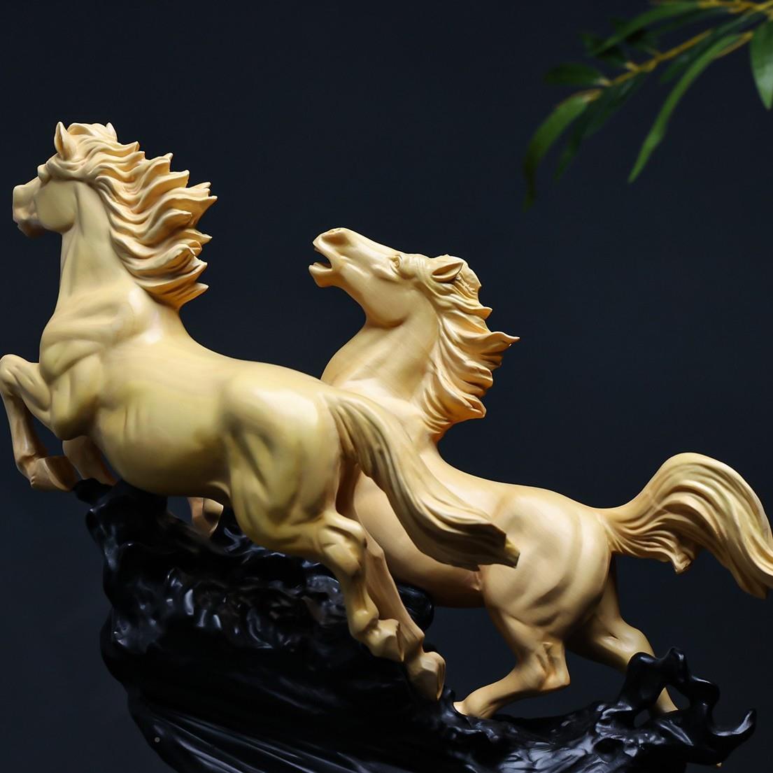 小黄杨财木雕刻同奔幸福双马创意摆MWM品叶件客厅装饰工艺车载招