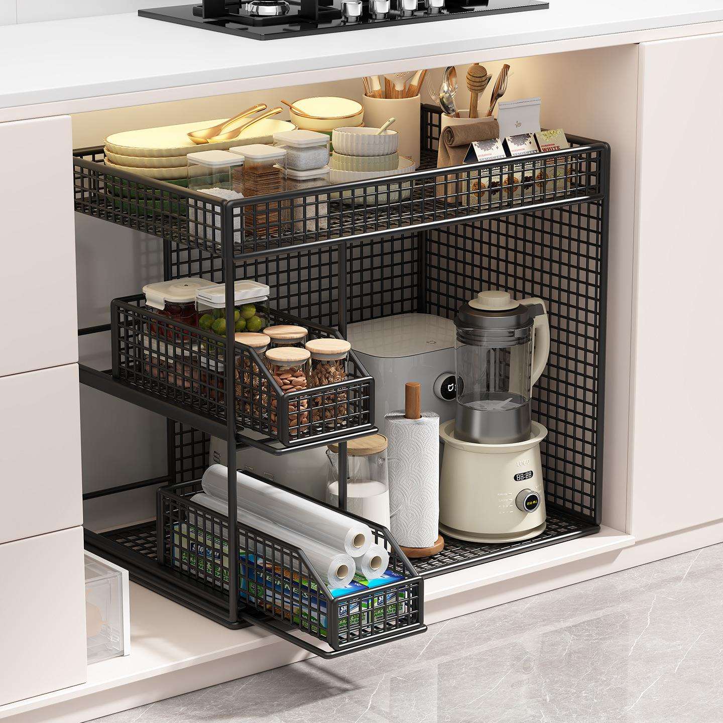 厨房橱柜内抽拉式置筐地物架落储物整理多功收能纳盒收纳碗碟拉篮