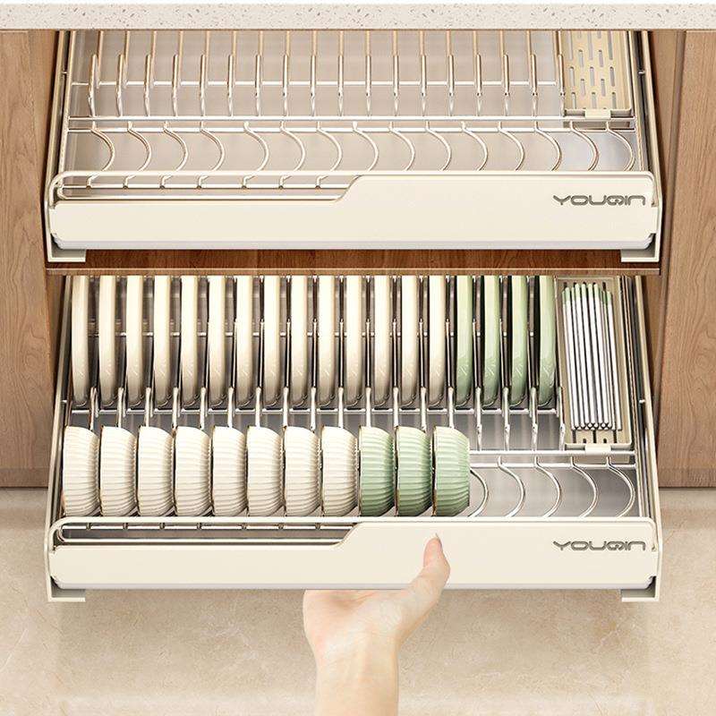 不锈碗碟纳架厨橱柜内抽屉置物架抽收拉式拉篮钢碗碟架碗盘子房沥