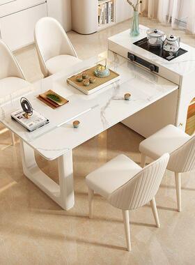 岛台餐桌一体现代家油可伸缩物轻储奢茶台奶风岩板用Y餐桌椅组合