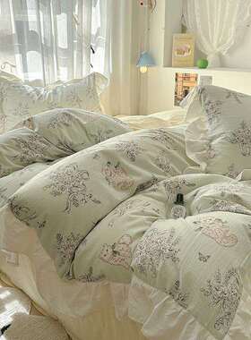 舍法式浪漫公主风花边水洗棉四件套套小被碎花亲D-62562肤宿三件