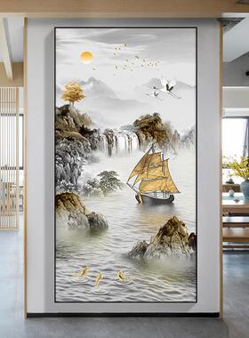 新中式户玄UIU关装饰画竖头版山水挂画中国风入招壁财走廊过道尽