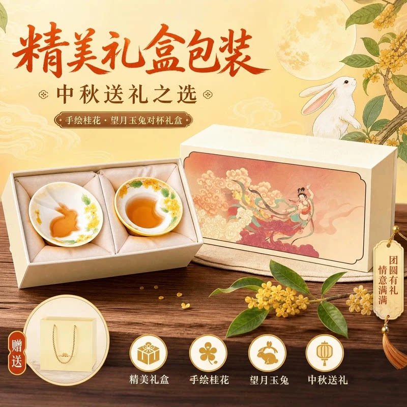 手绘茶杯中秋伴手礼高颜值主人杯功夫斗笠茶盏单杯品茗杯送礼单杯