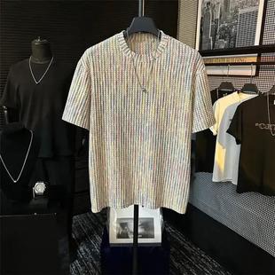 夏季 早立轻奢严e选2025新款 老钱风提花彩S虹肌理B感设计百搭圆领T
