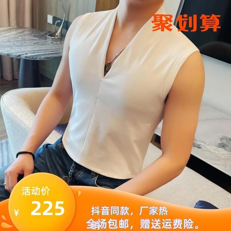 洪启轻奢男装夏季无袖V领坎肩背心2025新款男士型运VD动健身短袖t