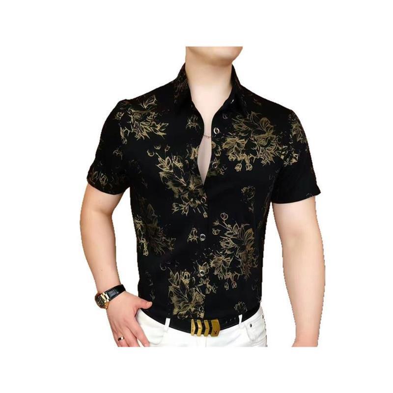 CAIJ轻奢男装夏季款男士短袖衬衫冰丝薄款修身潮流印花休闲薄衬衣