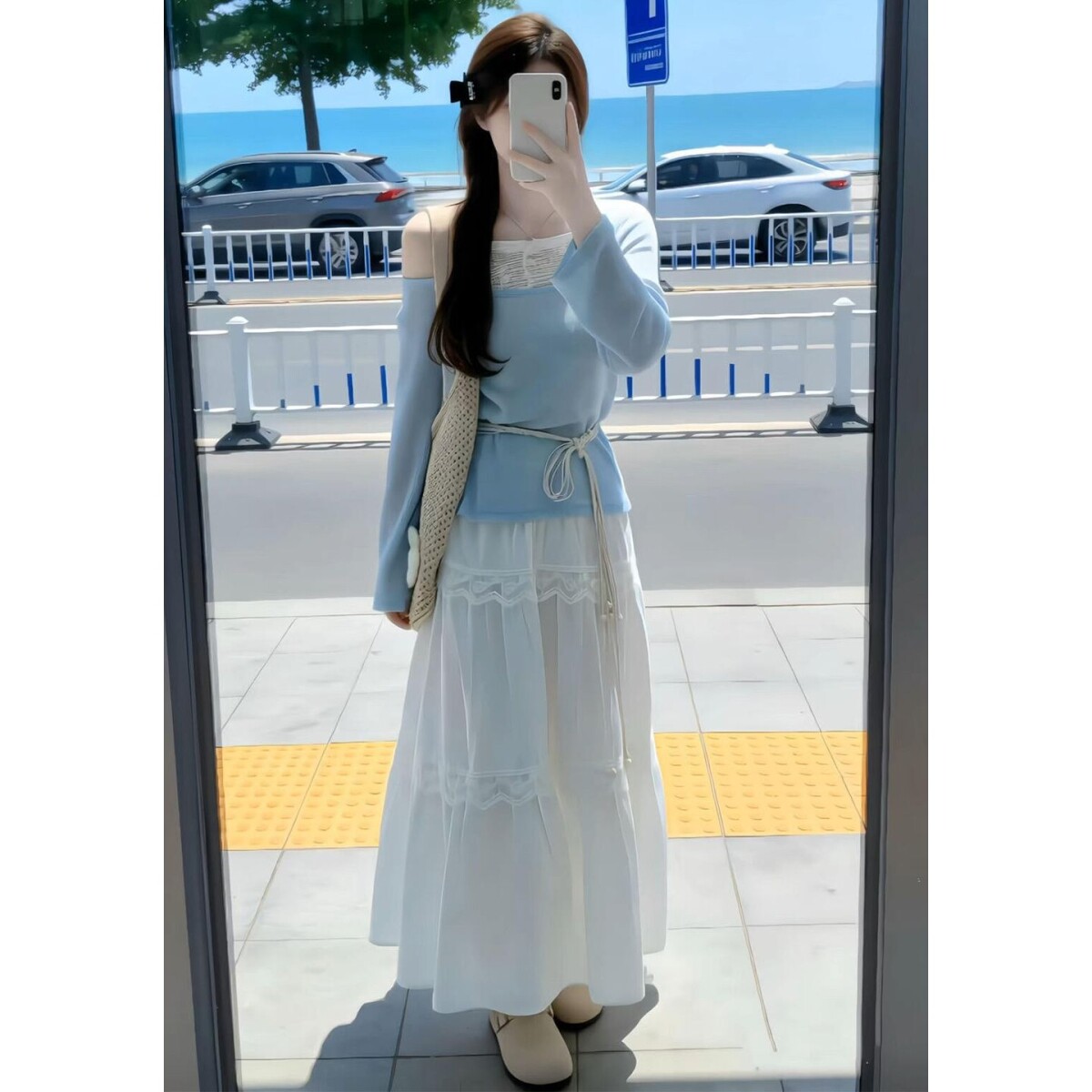 2026夏季新款韩系纯欲套装女一字肩上衣白色蕾丝半裙两件套连衣裙