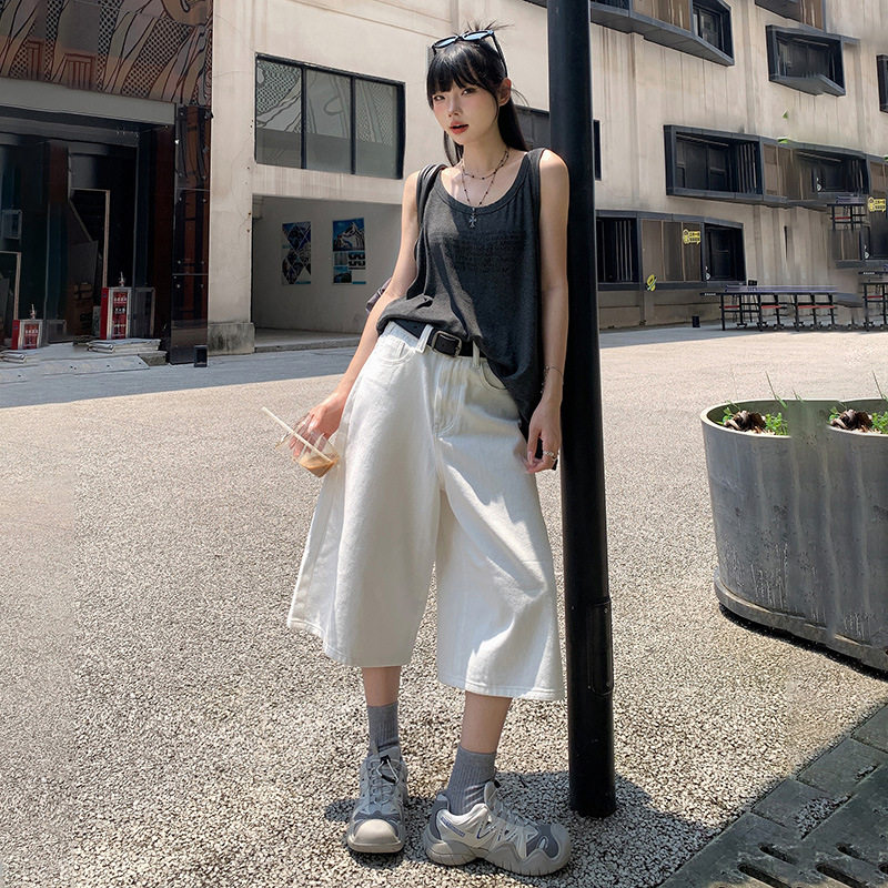 白色休闲阔腿七分牛仔裤女夏季高腰宽松显瘦慵懒风百搭直筒中裤