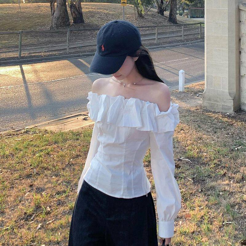 法式一字肩白色衬衫女春夏季2025新款设计感露肩宽松收腰显瘦上衣