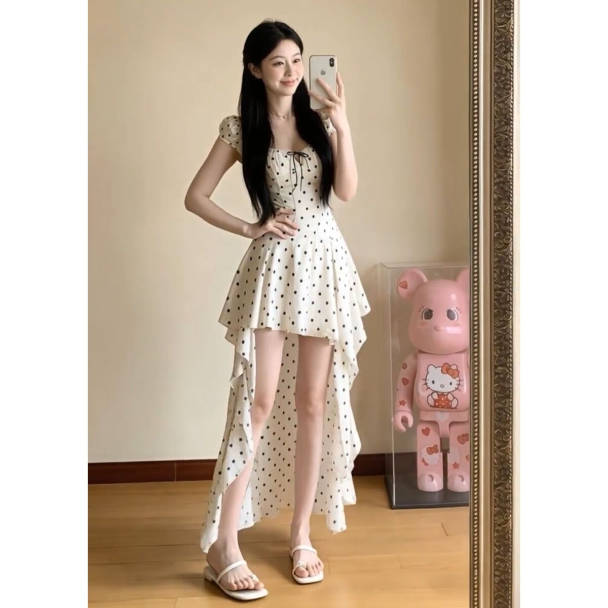 海边度假白色波点泡泡袖连衣裙子女夏季2026新款巨好看不规则长裙
