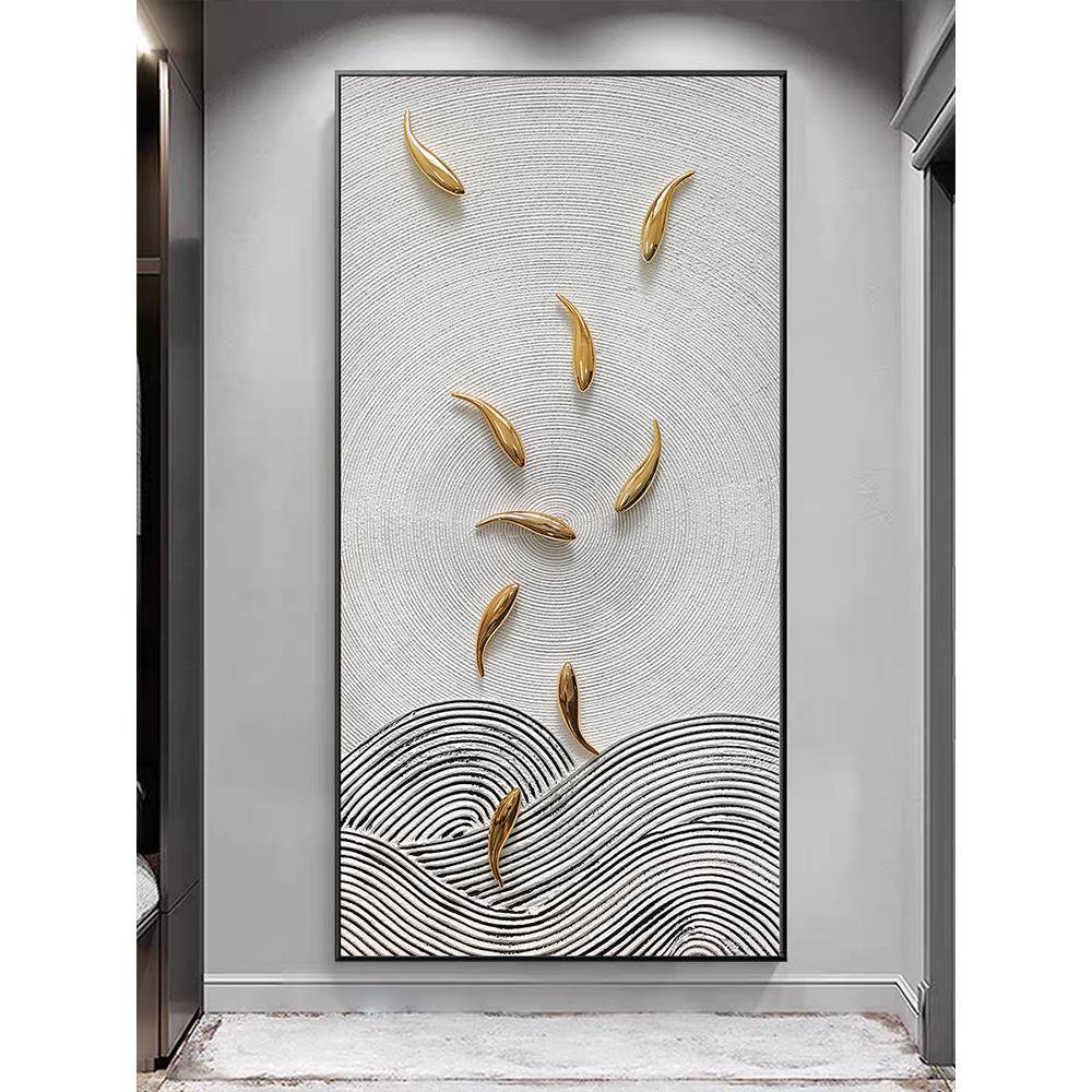 入户玄关新中式九鱼图轻奢装饰画样板间立体手绘挂画实物竖版壁画图片