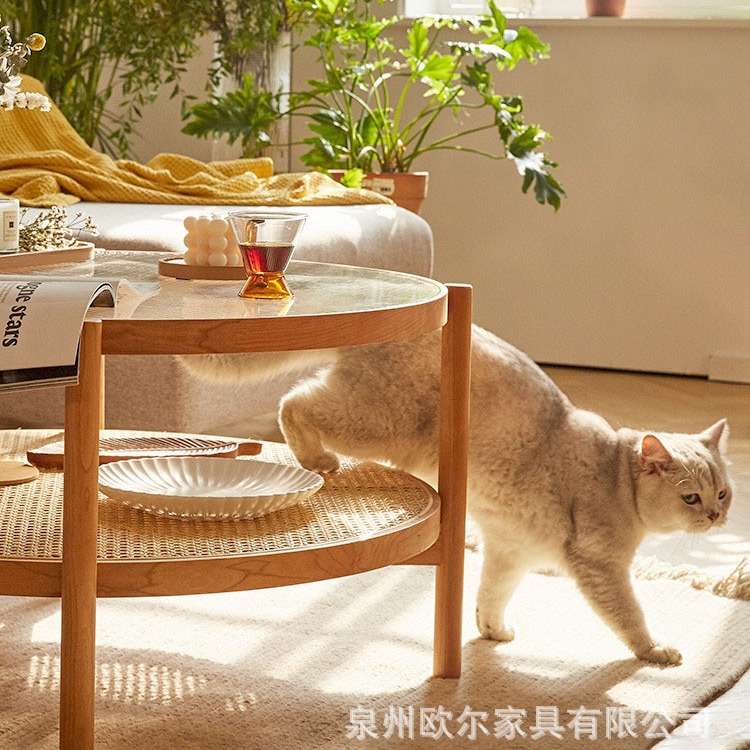 日式实木玻璃圆形茶几客厅小户型双层小桌子简约樱桃木藤编边几