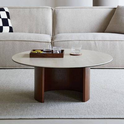 法式奶油风实木茶几意式极简胡桃色洞石岩板诧寂风简约圆形小茶几