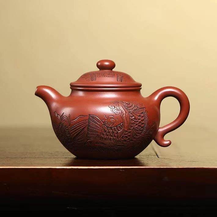 宜兴精品紫砂壶大容量纯全手工刻绘原矿红皮龙泡茶壶大亨莲子