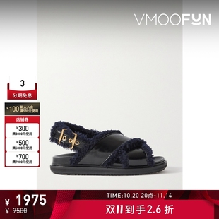 MARNI女士羊毛皮边饰亮面皮革露踝凉鞋 折扣