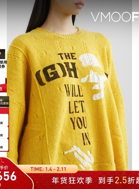 【折扣】Raf simons 女秋冬亚文化慵懒随性印花羊毛黄色毛衣