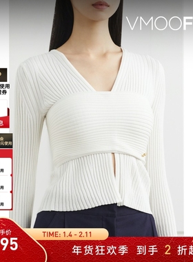 【折扣】RECTO 女秋冬分层式罗纹针织开襟衫毛衣外套