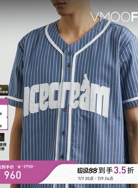 ICECREAM早春男宽松印花条纹棉质混纺短袖衬衫