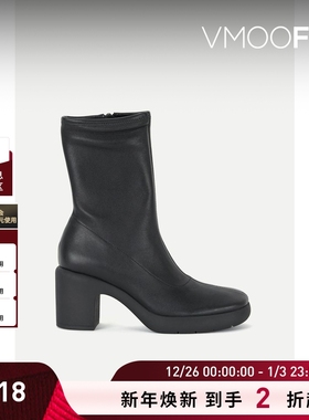 【折扣】VINCE 女士8厘米皮革黑色粗跟踝靴