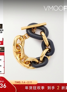 【折扣】Paco  Rabanne 女金属黑色皮革拼接手链