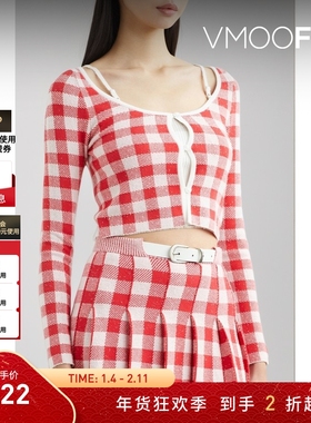 【折扣】Nume 女格纹弹力针织开襟衫毛衣外套